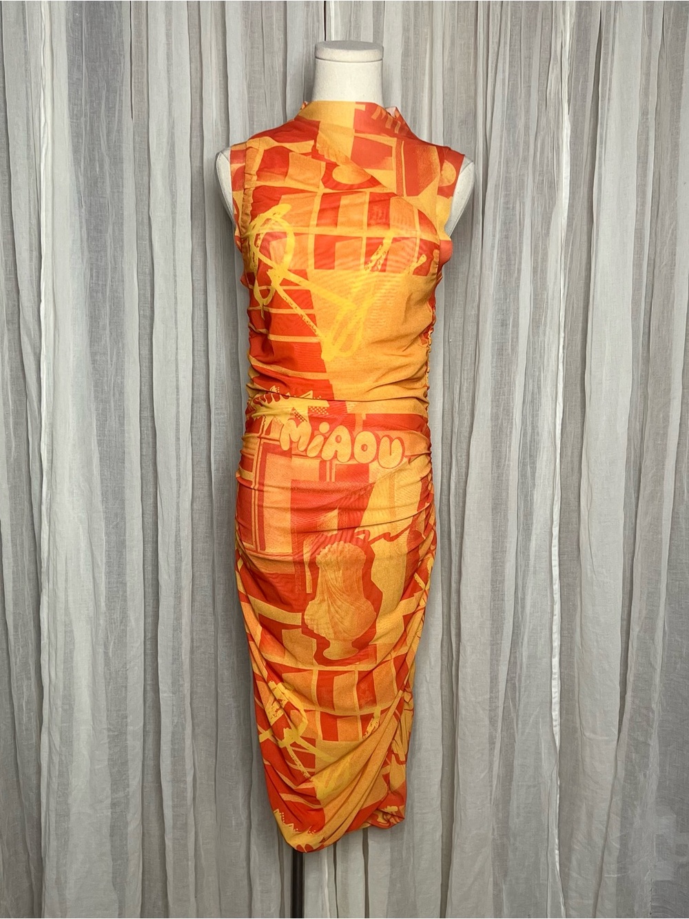 REVOLVE Miaou Orange Sofia Mesh Ruched Midi Dress - Picture 2 of 6